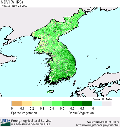 Korea NDVI (VIIRS) Thematic Map For 11/21/2020 - 11/30/2020