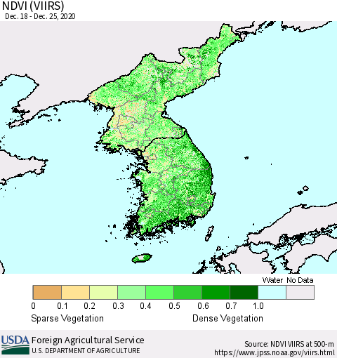 Korea NDVI (VIIRS) Thematic Map For 12/21/2020 - 12/31/2020