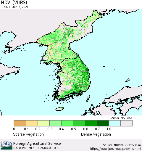 Korea NDVI (VIIRS) Thematic Map For 1/1/2021 - 1/10/2021