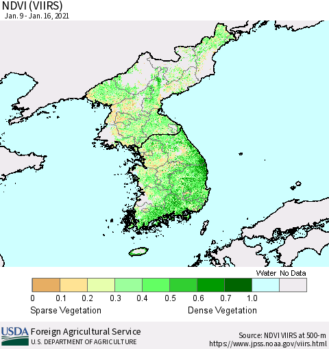 Korea NDVI (VIIRS) Thematic Map For 1/11/2021 - 1/20/2021