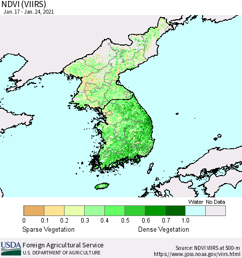 Korea NDVI (VIIRS) Thematic Map For 1/21/2021 - 1/31/2021