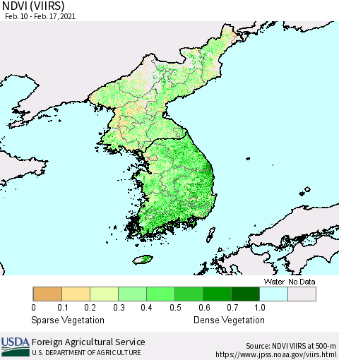 Korea NDVI (VIIRS) Thematic Map For 2/11/2021 - 2/20/2021
