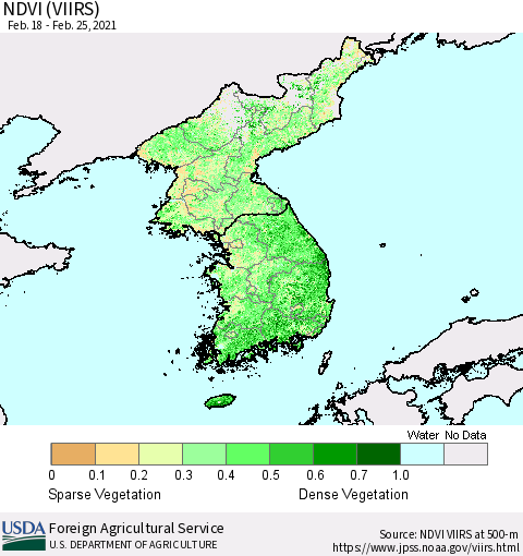 Korea NDVI (VIIRS) Thematic Map For 2/21/2021 - 2/28/2021