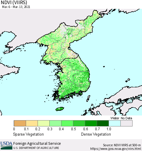 Korea NDVI (VIIRS) Thematic Map For 3/11/2021 - 3/20/2021