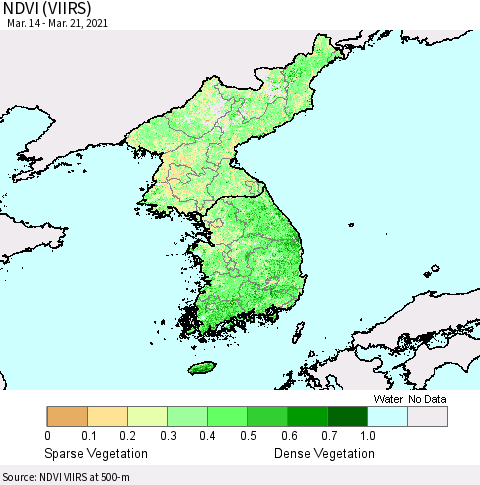 Korea NDVI (VIIRS) Thematic Map For 3/14/2021 - 3/21/2021