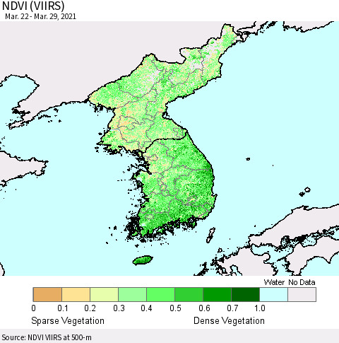 Korea NDVI (VIIRS) Thematic Map For 3/22/2021 - 3/29/2021