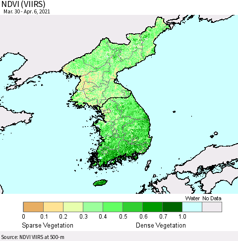 Korea NDVI (VIIRS) Thematic Map For 3/30/2021 - 4/6/2021