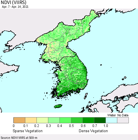 Korea NDVI (VIIRS) Thematic Map For 4/7/2021 - 4/14/2021