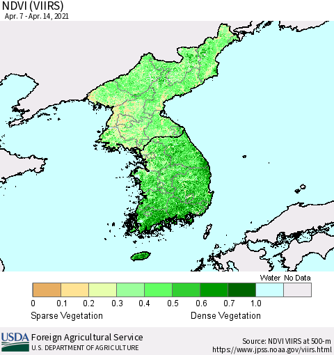 Korea NDVI (VIIRS) Thematic Map For 4/11/2021 - 4/20/2021