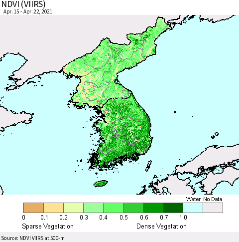 Korea NDVI (VIIRS) Thematic Map For 4/15/2021 - 4/22/2021