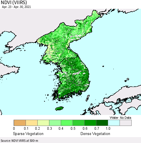Korea NDVI (VIIRS) Thematic Map For 4/21/2021 - 4/30/2021