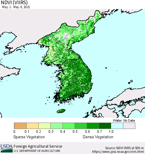 Korea NDVI (VIIRS) Thematic Map For 5/1/2021 - 5/10/2021
