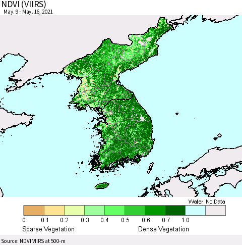 Korea NDVI (VIIRS) Thematic Map For 5/9/2021 - 5/16/2021