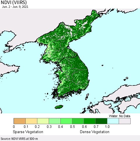 Korea NDVI (VIIRS) Thematic Map For 6/2/2021 - 6/9/2021