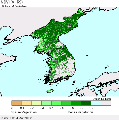 Korea NDVI (VIIRS) Thematic Map For 6/10/2021 - 6/17/2021