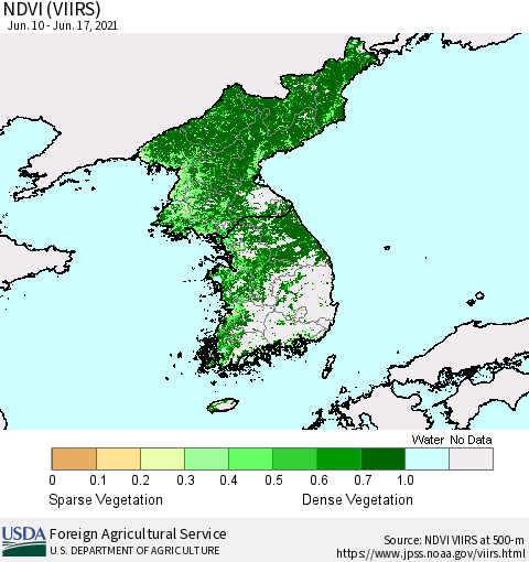Korea NDVI (VIIRS) Thematic Map For 6/11/2021 - 6/20/2021