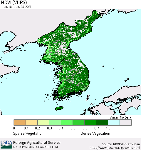 Korea NDVI (VIIRS) Thematic Map For 6/21/2021 - 6/30/2021