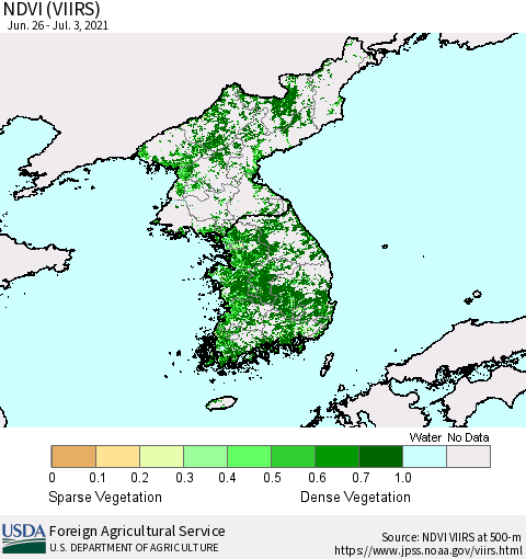 Korea NDVI (VIIRS) Thematic Map For 7/1/2021 - 7/10/2021