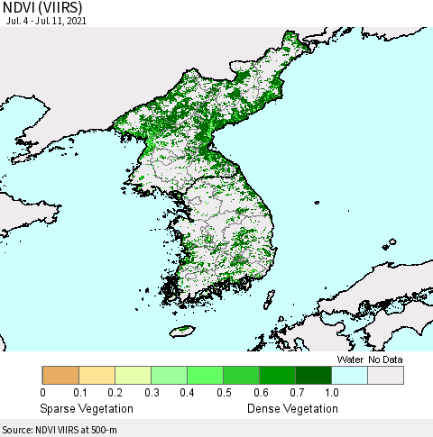 Korea NDVI (VIIRS) Thematic Map For 7/4/2021 - 7/11/2021