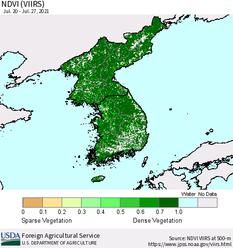 Korea NDVI (VIIRS) Thematic Map For 7/21/2021 - 7/31/2021