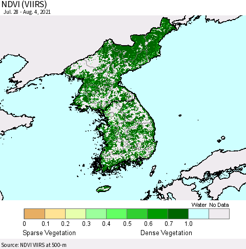 Korea NDVI (VIIRS) Thematic Map For 7/28/2021 - 8/4/2021