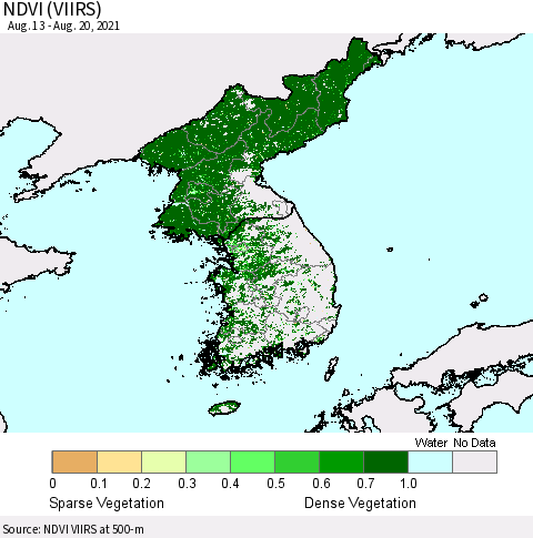 Korea NDVI (VIIRS) Thematic Map For 8/11/2021 - 8/20/2021
