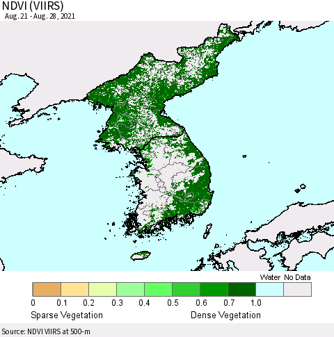 Korea NDVI (VIIRS) Thematic Map For 8/21/2021 - 8/28/2021