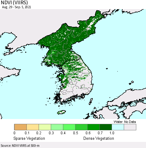 Korea NDVI (VIIRS) Thematic Map For 8/29/2021 - 9/5/2021