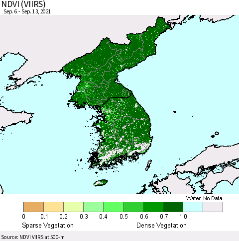 Korea NDVI (VIIRS) Thematic Map For 9/6/2021 - 9/13/2021