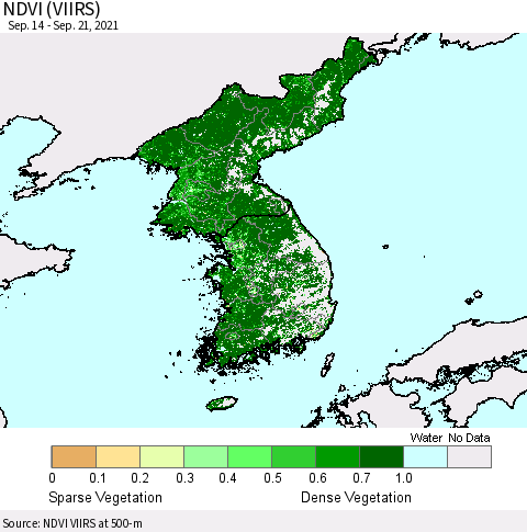 Korea NDVI (VIIRS) Thematic Map For 9/14/2021 - 9/21/2021