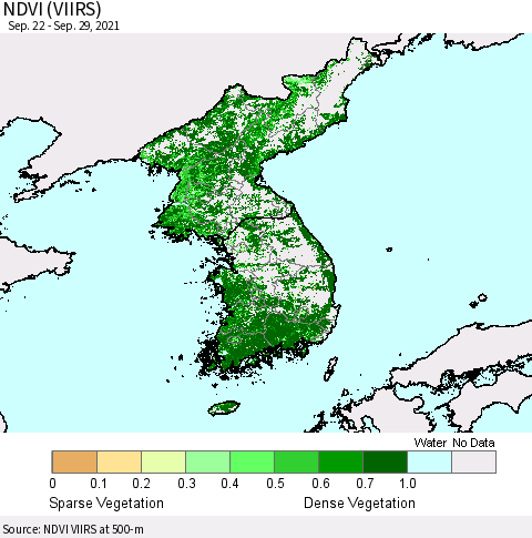 Korea NDVI (VIIRS) Thematic Map For 9/22/2021 - 9/29/2021