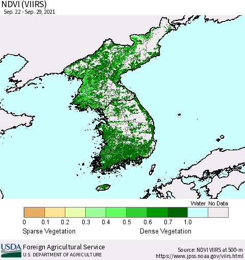 Korea NDVI (VIIRS) Thematic Map For 9/21/2021 - 9/30/2021