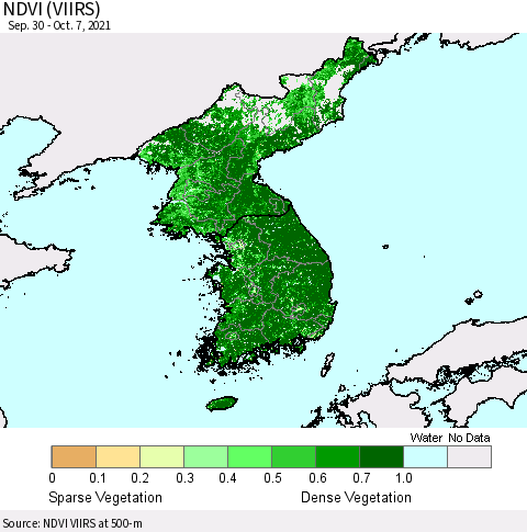 Korea NDVI (VIIRS) Thematic Map For 9/30/2021 - 10/7/2021