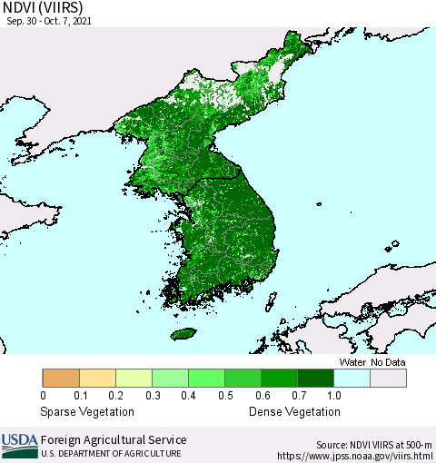 Korea NDVI (VIIRS) Thematic Map For 10/1/2021 - 10/10/2021