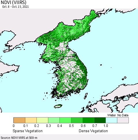 Korea NDVI (VIIRS) Thematic Map For 10/8/2021 - 10/15/2021