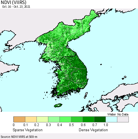 Korea NDVI (VIIRS) Thematic Map For 10/16/2021 - 10/23/2021