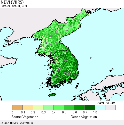 Korea NDVI (VIIRS) Thematic Map For 10/24/2021 - 10/31/2021