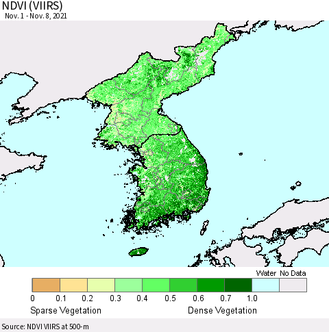 Korea NDVI (VIIRS) Thematic Map For 11/1/2021 - 11/8/2021
