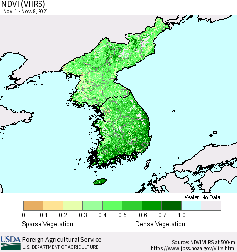 Korea NDVI (VIIRS) Thematic Map For 11/1/2021 - 11/10/2021