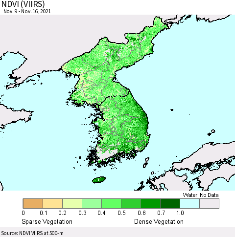 Korea NDVI (VIIRS) Thematic Map For 11/9/2021 - 11/16/2021
