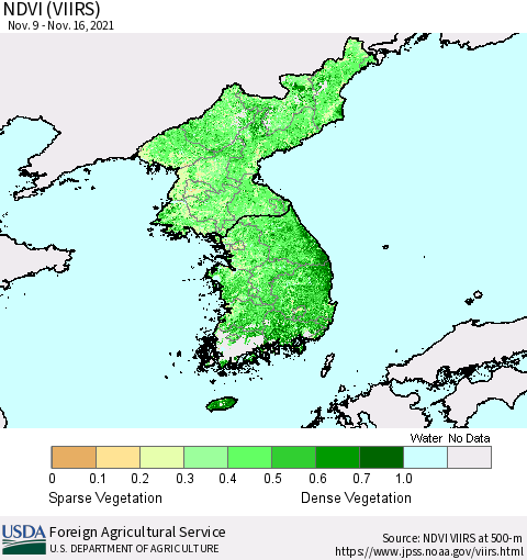 Korea NDVI (VIIRS) Thematic Map For 11/11/2021 - 11/20/2021