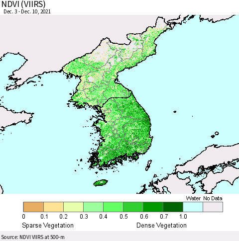 Korea NDVI (VIIRS) Thematic Map For 12/1/2021 - 12/10/2021