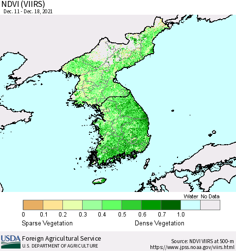 Korea NDVI (VIIRS) Thematic Map For 12/11/2021 - 12/20/2021