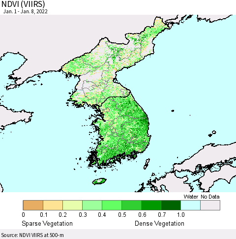 Korea NDVI (VIIRS) Thematic Map For 1/1/2022 - 1/8/2022
