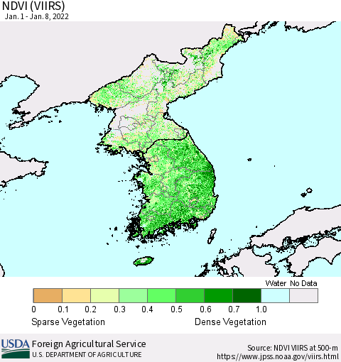Korea NDVI (VIIRS) Thematic Map For 1/1/2022 - 1/10/2022