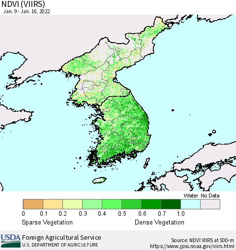 Korea NDVI (VIIRS) Thematic Map For 1/11/2022 - 1/20/2022