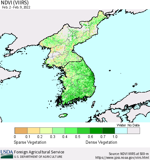 Korea NDVI (VIIRS) Thematic Map For 2/1/2022 - 2/10/2022