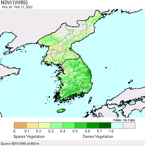 Korea NDVI (VIIRS) Thematic Map For 2/10/2022 - 2/17/2022