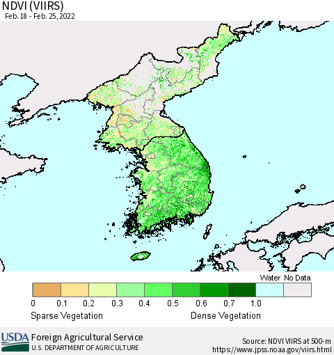 Korea NDVI (VIIRS) Thematic Map For 2/21/2022 - 2/28/2022