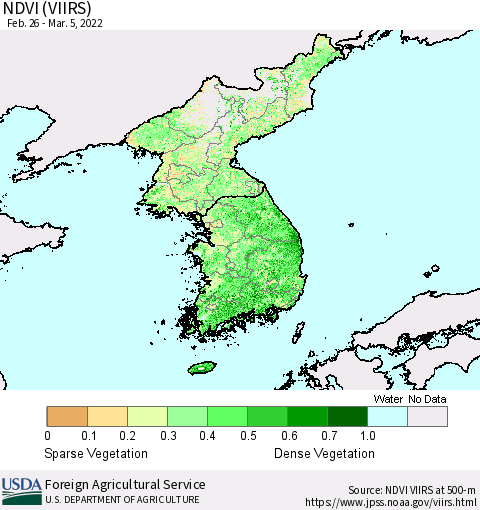 Korea NDVI (VIIRS) Thematic Map For 3/1/2022 - 3/10/2022